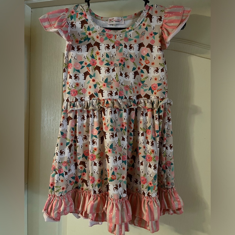 Clover Cottage cow print dress, size 7-8